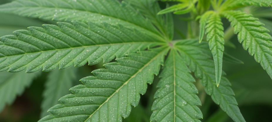 Bardzo realistyczne, szczegółowe zbliżenie na żywy, zielony liść konopi indyjskich (marihuany medycznej)