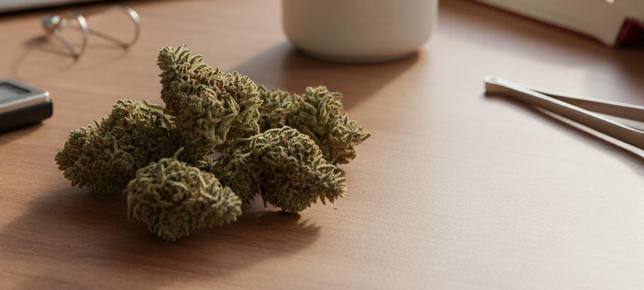 Zbliżenie na niewielką porcję suszu medycznej marihuany